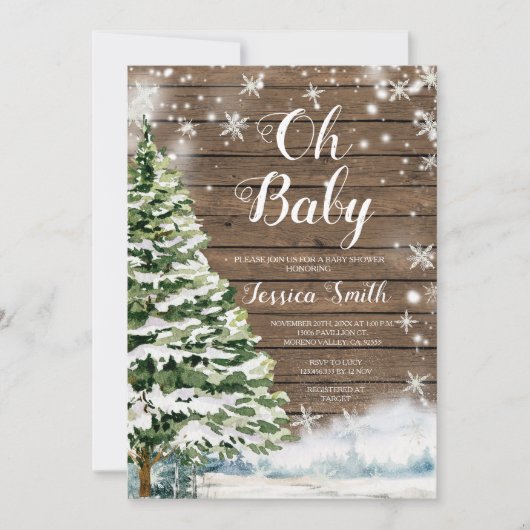 Winter rustiek hout Evergreen Christmas Baby showe Kaart (Voorkant)