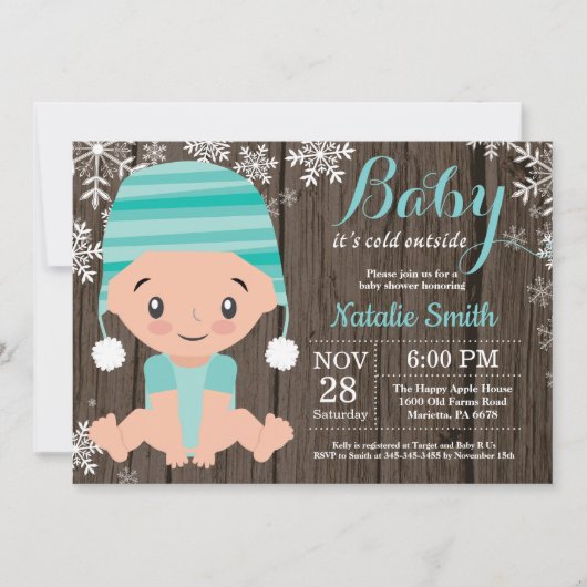 Winter Rustieke Aqua Babyshower Uitnodiging (Voorkant)
