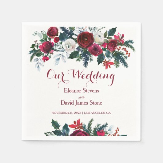 Winter rustieke bordeauxrood dennen groene bloemig servet (Voorkant)