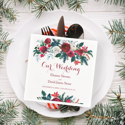 Winter rustieke bordeauxrood dennen groene bloemig servet