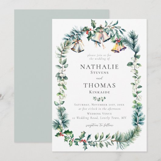 Winter rustieke botanische krans klokken dennenbru kaart (Voorkant / Achterkant)