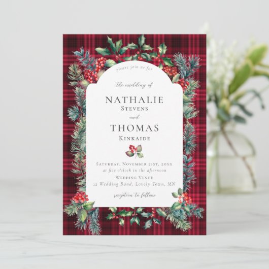 Winter rustieke botanische rode bessen geruite bru kaart (Staand voorkant)