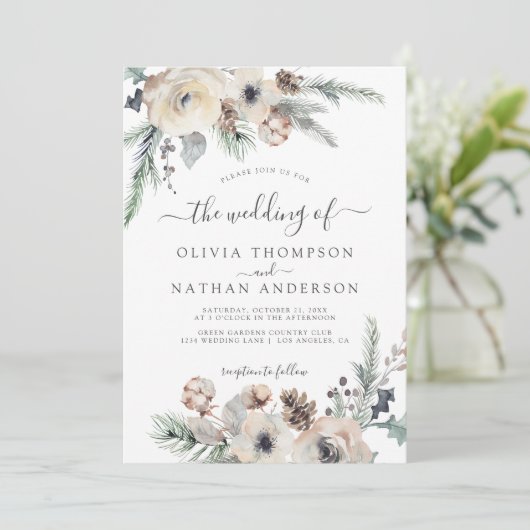 Winter rustieke dennen botanische monogram bruilof kaart (Staand voorkant)