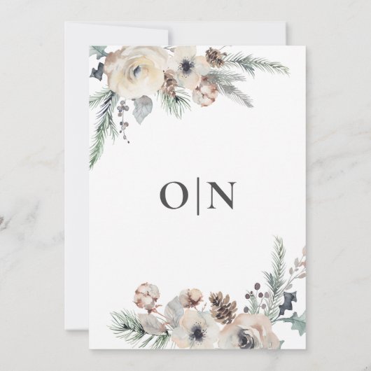 Winter rustieke dennen botanische monogram bruilof kaart (Achterkant)