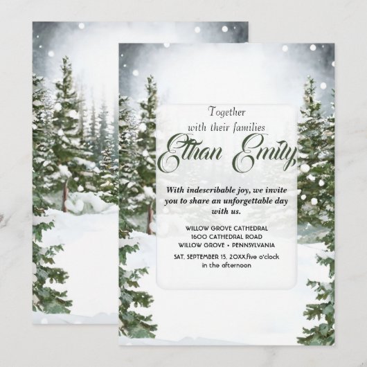 Winter rustieke dennenbomen botanische bruiloft ui kaart (Voorkant / Achterkant)