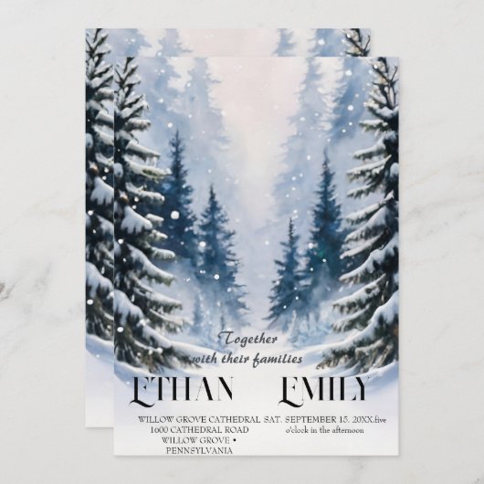 Winter rustieke dennenbomen botanische bruiloft ui kaart (Voorkant / Achterkant)