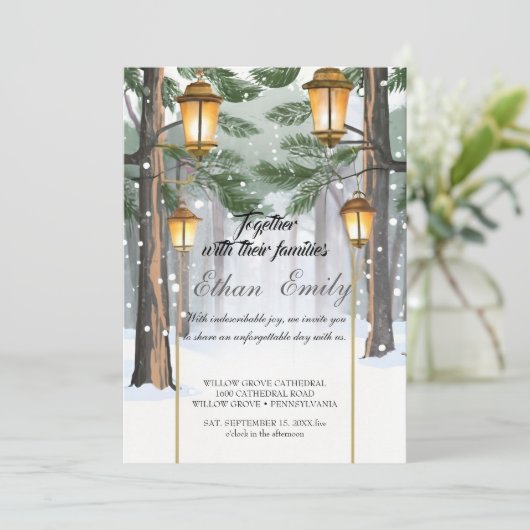 Winter rustieke dennenbomen botanische bruiloft ui kaart (Staand voorkant)