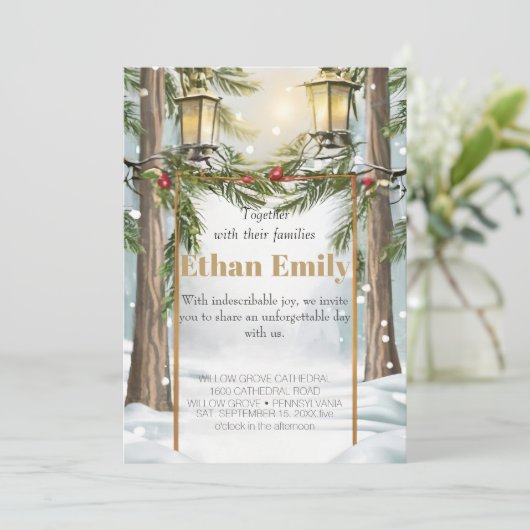 Winter rustieke dennenbomen botanische bruiloft ui kaart (Staand voorkant)