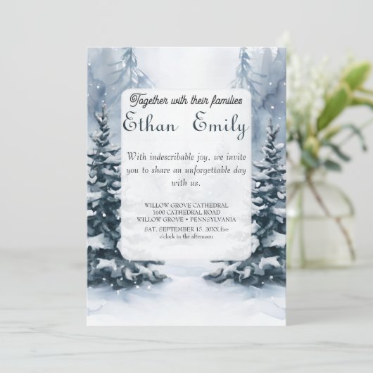 Winter rustieke dennenbomen botanische bruiloft ui kaart (Staand voorkant)