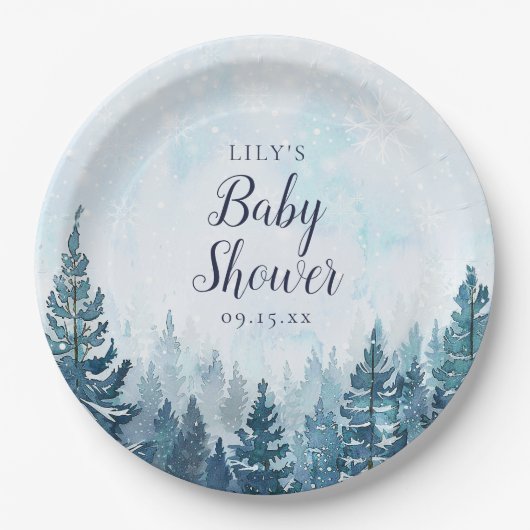 Winter rustieke dennenboom bos Baby shower Papieren Bordje (Voorkant)