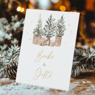 Winter rustieke kerstbomen Boeken en geschenken Reclamebord Met Voetstuk
