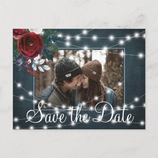 Winter rustieke lichte string foto save date bruil aankondigingskaart (Voorkant)