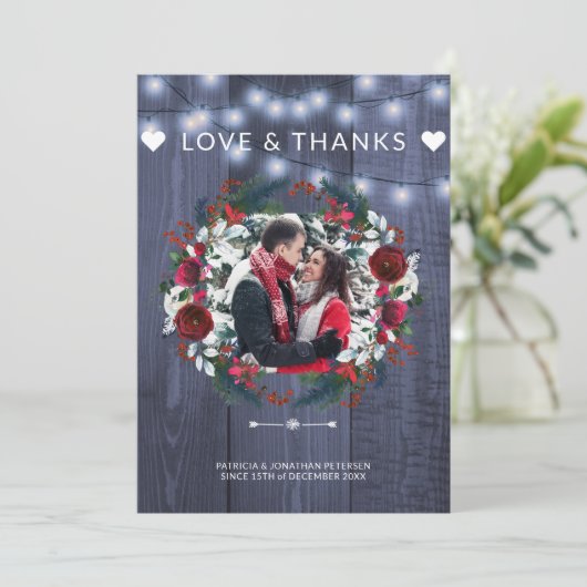 Winter rustieke marine bordeaux bruiloft dank u kaart (Staand voorkant)