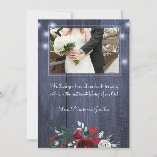 Winter rustieke marine bordeaux bruiloft dank u kaart (Achterkant)