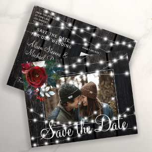 Winter rustieke schuur houten foto save date bruil aankondigingskaart