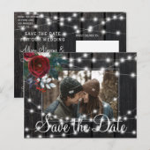 Winter rustieke schuur houten foto save date bruil aankondigingskaart (Voorkant / Achterkant)