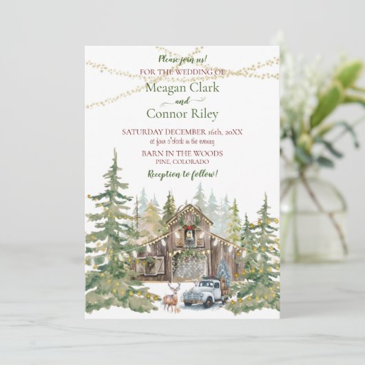 Winter rustieke schuur in bos bruiloft uitnodiging (Staand voorkant)