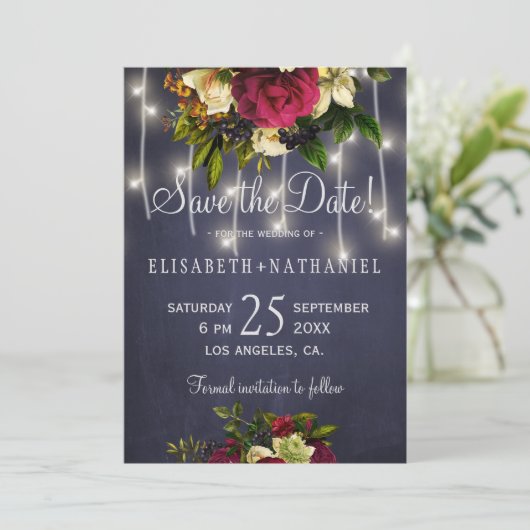 Winter rustieke string lichten marine bordeaux bru save the date (Staand voorkant)