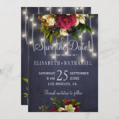 Winter rustieke string lichten marine bordeaux bru save the date (Voorkant / Achterkant)