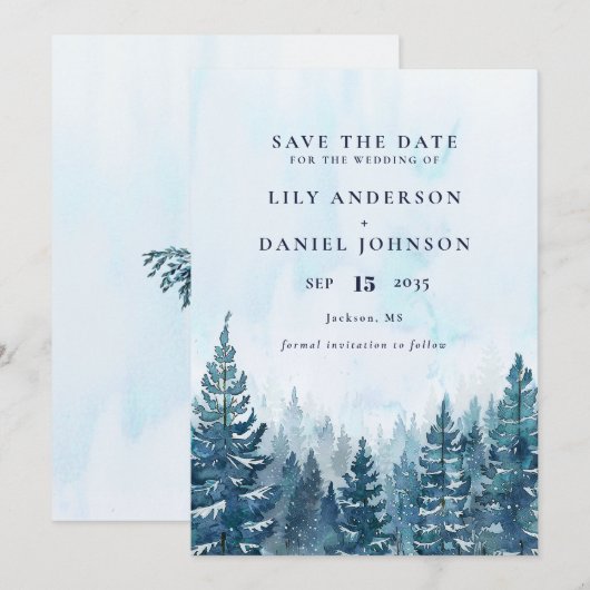 Winter rustieke Waterverf dennenboom bos bruiloft Save The Date (Voorkant / Achterkant)