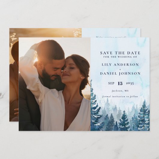Winter rustieke Waterverf dennenbos Foto QR Code Save The Date (Voorkant / Achterkant)