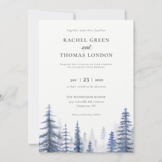 Winter Rustieke Waterverf Pijnbomen bruiloft Kaart (Voorkant)