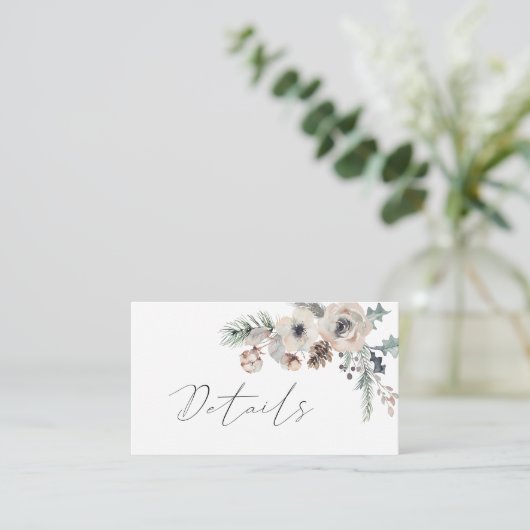 Winter rustieke witte dennenbos bruiloft details informatiekaartje (Staand voorkant)