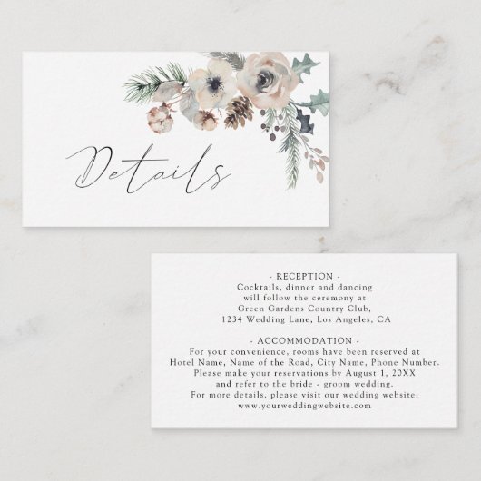 Winter rustieke witte dennenbos bruiloft details informatiekaartje (Voorkant / Achterkant)