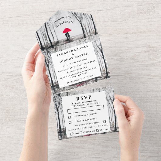 Winter Rustisch Hood Couple Birch Land All In One Uitnodiging (Afscheurbaar)