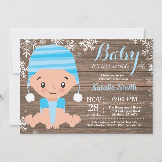 Winter Rustoce Blauwe Jongens Baby Shower Uitnodig Kaart (Voorkant)