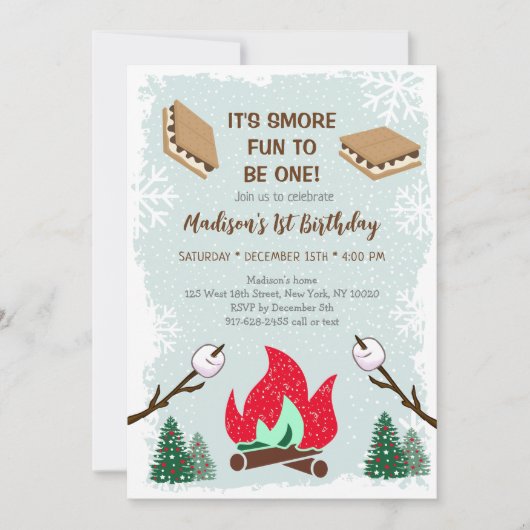 Winter s mores Campfire First Birthday Invitation Kaart (Voorkant)