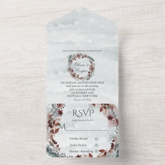 Winter Sage Brown Rustic Foliage Wedding All In One Uitnodiging (Binnen)