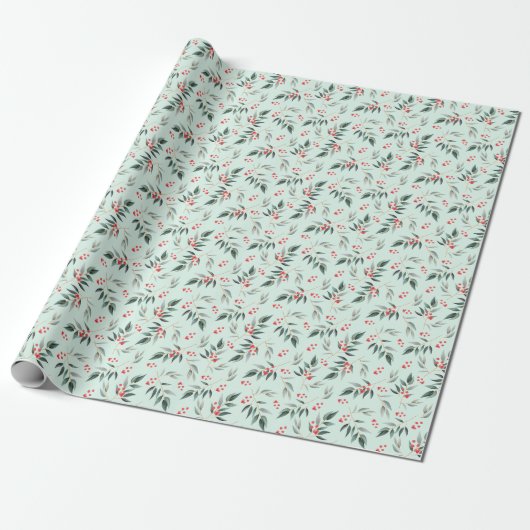Winter Sage Foliage Greenery & Red Berry Kerstmis Cadeaupapier (Uitgerold)