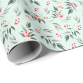 Winter Sage Foliage Greenery & Red Berry Kerstmis Cadeaupapier (Rol Hoek)