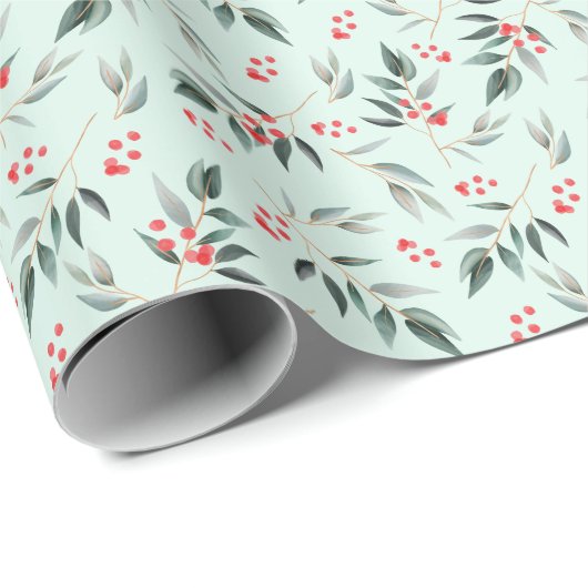 Winter Sage Foliage Greenery & Red Berry Kerstmis Cadeaupapier (Rol Hoek)