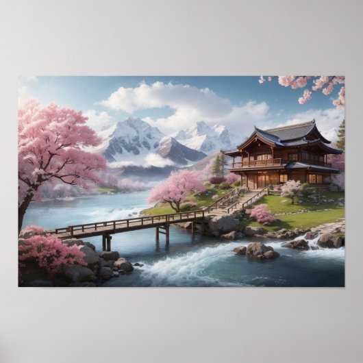 Winter Sakura met bergzicht Poster (Voorkant)