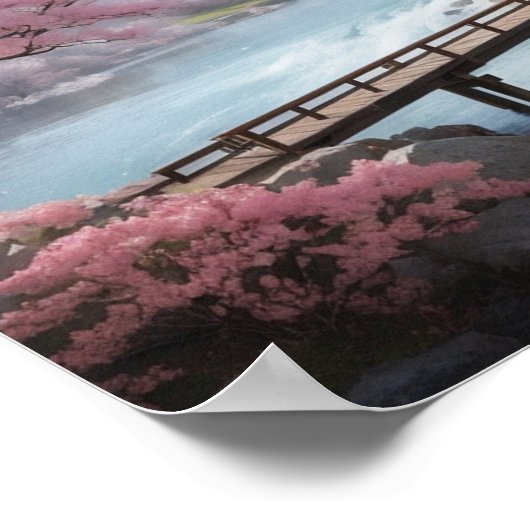 Winter Sakura met Mountain Uitzicht Poster (Hoek)