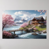 Winter Sakura met Mountain Uitzicht Poster (Voorkant)