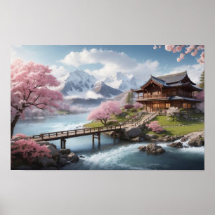 Winter Sakura met Mountain Uitzicht Poster