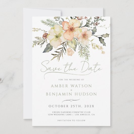 Winter Salie Groene Kerst Bloemen Bewaar de datum Kaart (Voorkant)