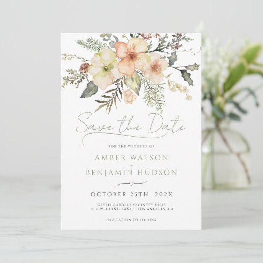 Winter Salie Groene Kerst Bloemen Bewaar de datum Kaart (Staand voorkant)