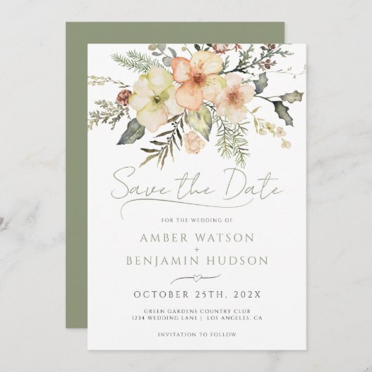 Winter Salie Groene Kerst Bloemen Bewaar de datum Kaart (Voorkant / Achterkant)