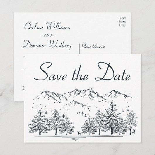 Winter Save the Date Mountain Bruiloft Verloving Briefkaart (Voorkant / Achterkant)