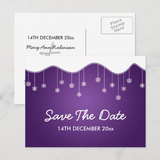 Winter Save The Date Snowflake Decoration Paarse Aankondigingskaart (Voorkant / Achterkant)