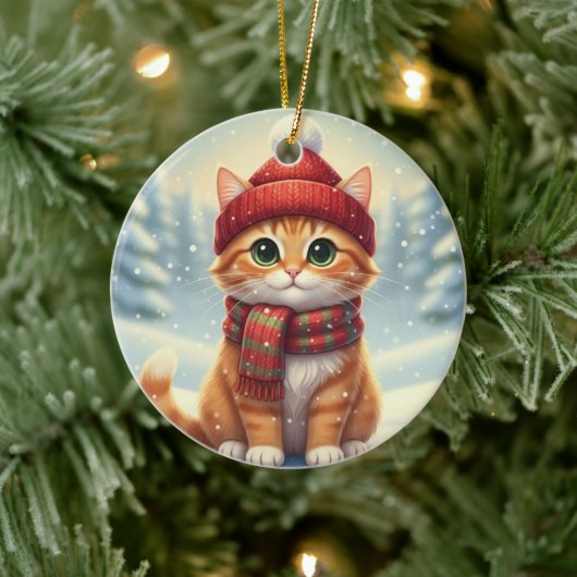 Winter Scarf Cat Christmas Cat with Plaid Scarf Keramisch Ornament (Boom)
