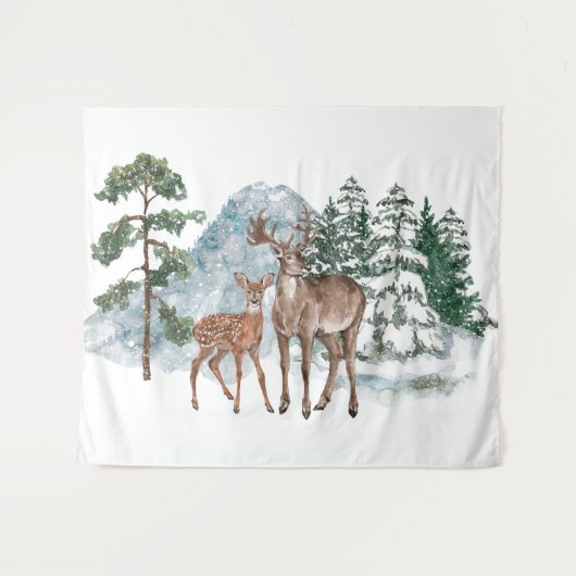 Winter Scene back drop Beste en Pine tree snow vie Wandkleed (Voorkant (horizontaal))