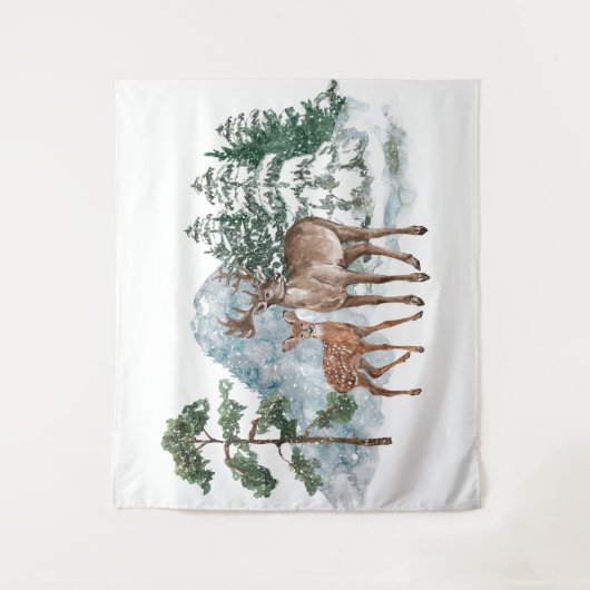 Winter Scene back drop Beste en Pine tree snow vie Wandkleed (Voorkant)