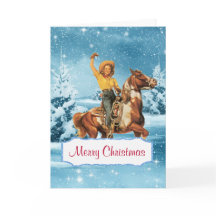 Winter Scène Cowgirl en Paard Kerstmis Kaart 2
