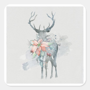 Winter Scene Deer Poinsettias Waterverf Natuur Vierkante Sticker