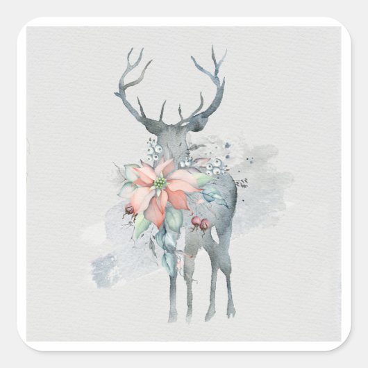 Winter Scene Deer Poinsettias Waterverf Natuur Vierkante Sticker (Voorkant)